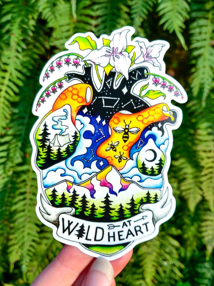 Wild at Heart - Vinyl Sticker Art - Botanical Bee Wildflower Hiking Oregon Mt Hood Forest Constellation Galaxy Mountain Camping Watercolor for wholesale by Crafted from Scratch