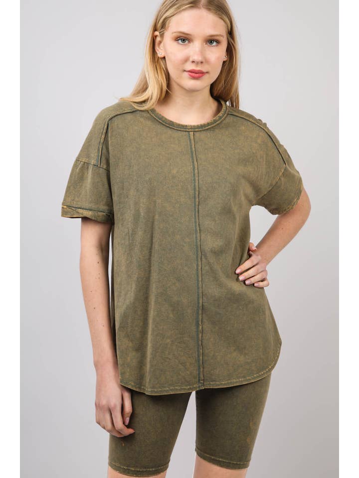 VERY J - Wholesale Activewear Set - Women's - NT11590SET-Washed Stretchy Knit Activewear Top & Shorts