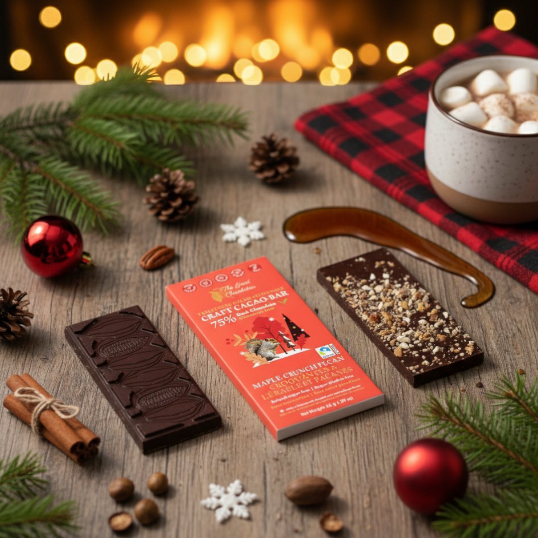 The GOOD Chocolatier – Barra de chocolate por atacado – The GOOD Chocolatier Maple Crunch Pecan 75% - Chocolate Vegano com Noz-Pecã e Xarope de Bordo6