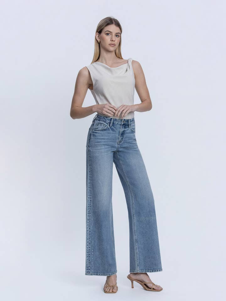 HIGH RISE HOTFIX STONE EMBELLISHED WIDE LEG JEANS F9154 for wholesale by FLYING MONKEY