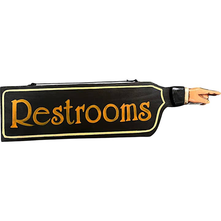 A-81563: FINGER POINTING RESTROOM SIGN - 21" L for wholesale by Import Corner