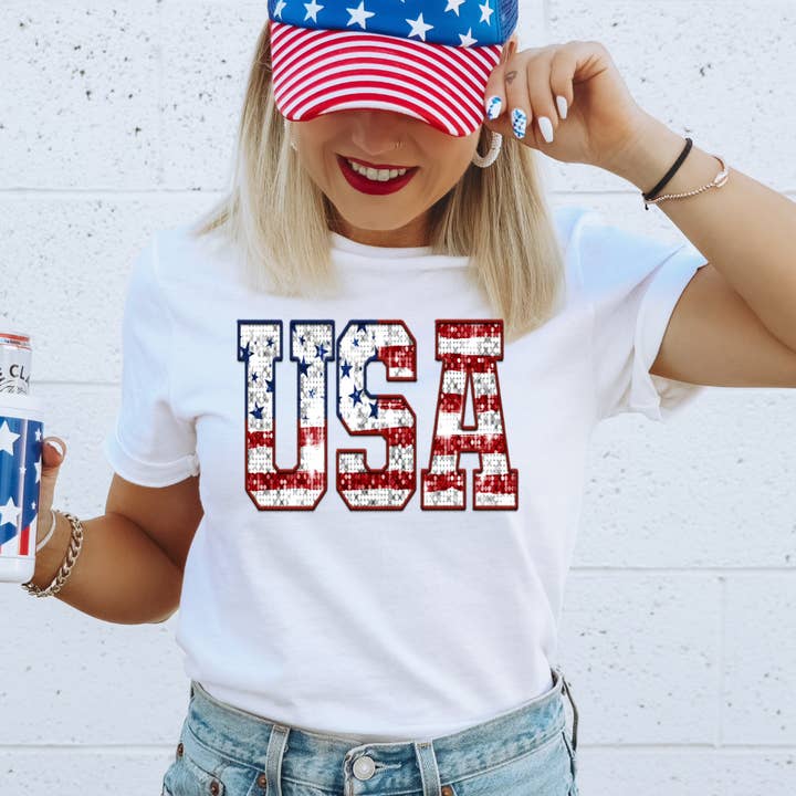 Faux Glitter USA Patriotic Graphic Tee for wholesale by ZZ Threadz