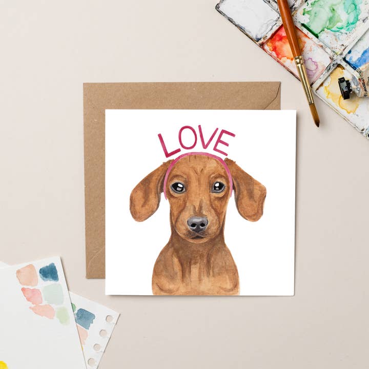 Dachshund Love Valentine card for wholesale by lil wabbit