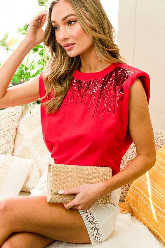 Vine & Love - Wholesale Knit Top - Women's - Shoulder Padded Sequin Detail Sleeveless Cotton Top VT813749