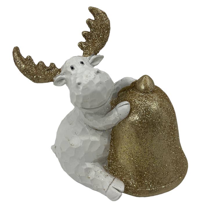 Galt International Company - Wholesale Christmas Decoration - White & Gold Glitter Moose Figurine Christmas Decorations