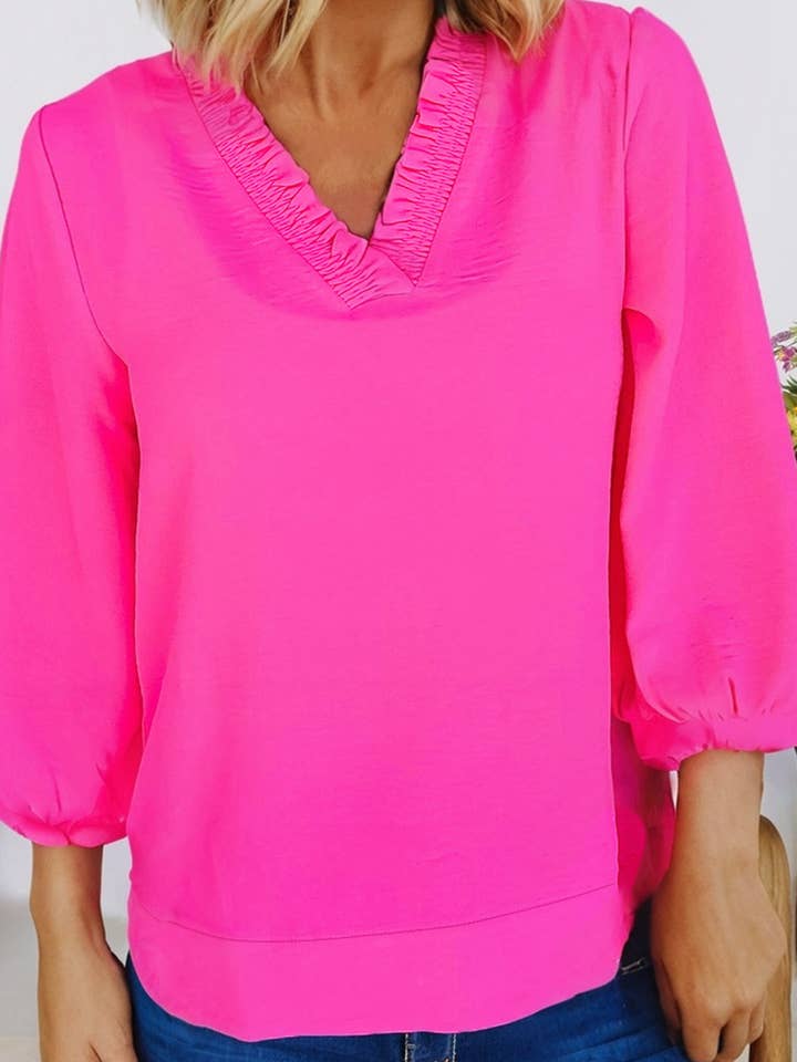 Frilled V Neckline Bracelet Sleeve Crinkled Blouse (S-XL) for wholesale by 66DISCO