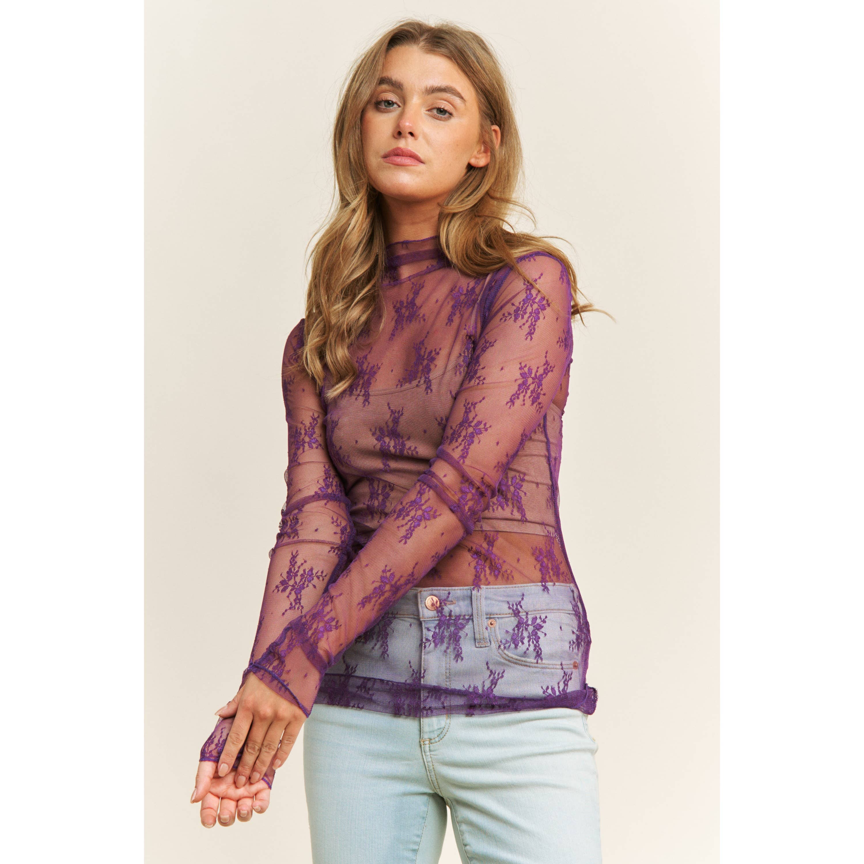 Sweet Generis – Engroshandel Strikket top - Dame – Mesh top med blonder, høj hals og tætsiddende design med lange ærmer69