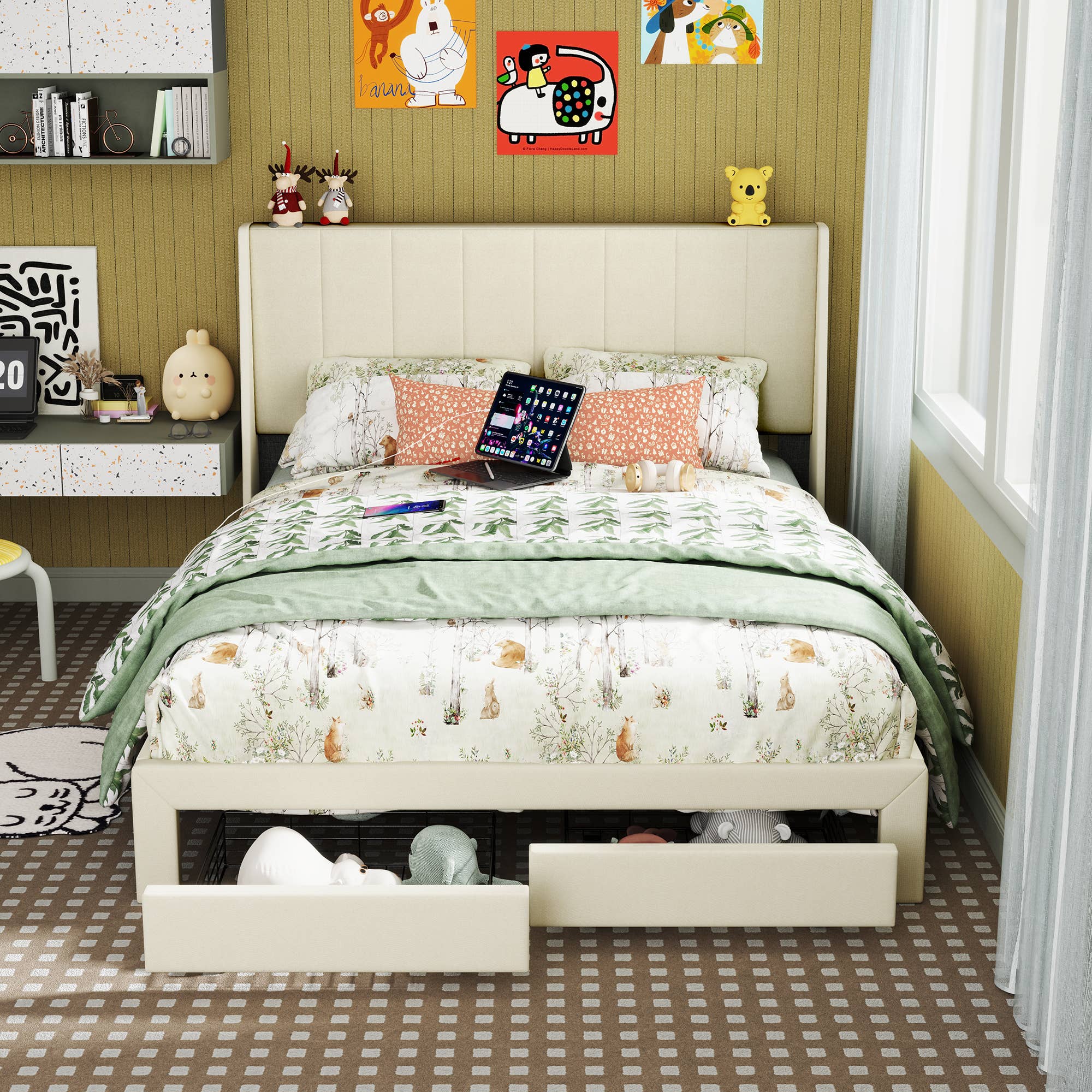 39F Inc. - Wholesale Bed - Queen Size Upholstered Platform Bed Frame w 2 Drawers &USB7