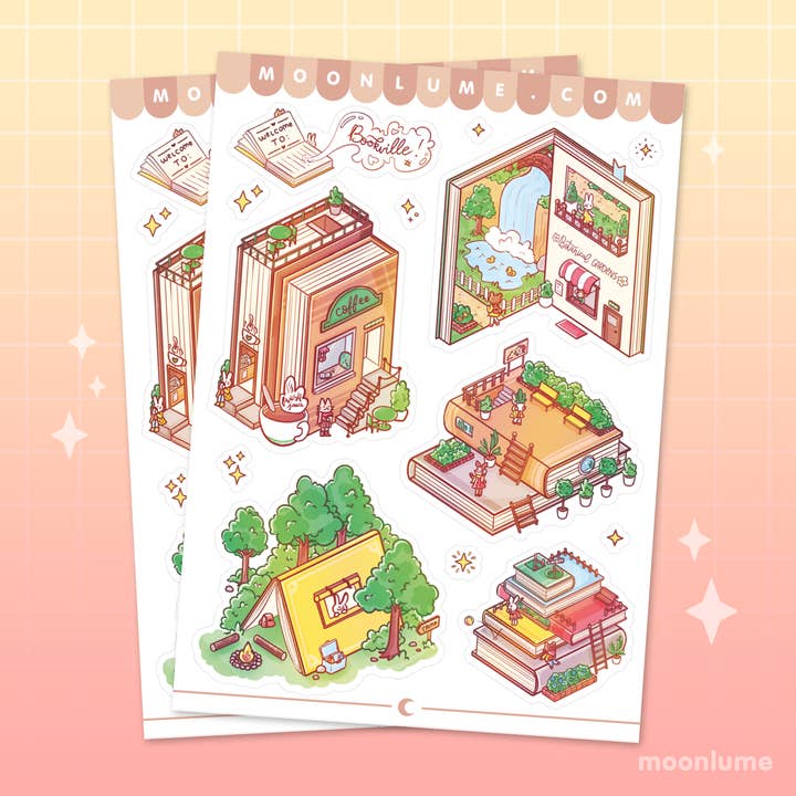 Town of Books vinyl and waterproof A6 sticker sheet for wholesale by Moonlume