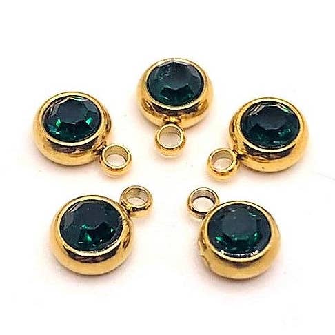 303 Stainless Steel, 18k Gold, Dark Green May Birthstone Rhinestone Charms, 8x6mm for wholesale by Guerrilla Charm