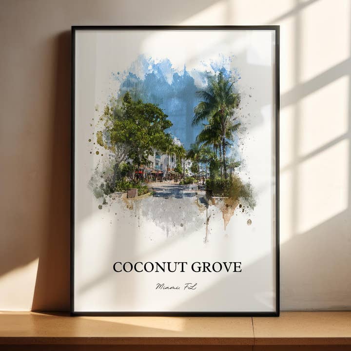 Coconut Grove Wall Art, Miami FL Print, Coconut Grove Watercolor Art, Coconut Grove FL Gift, Miami Print, Travel Poster, Housewarming Gift for wholesale by Premium Travel Art