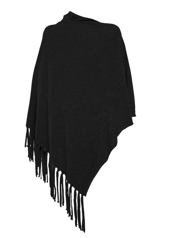 Women's Pure Cashmere Poncho with Fringes Black for wholesale by Monticelli Cashmere