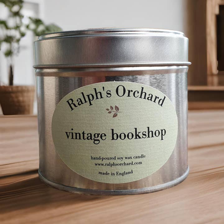 Vintage Bookshop scented soy wax candles in silver tin for wholesale by Ralph's Orchard Limited
