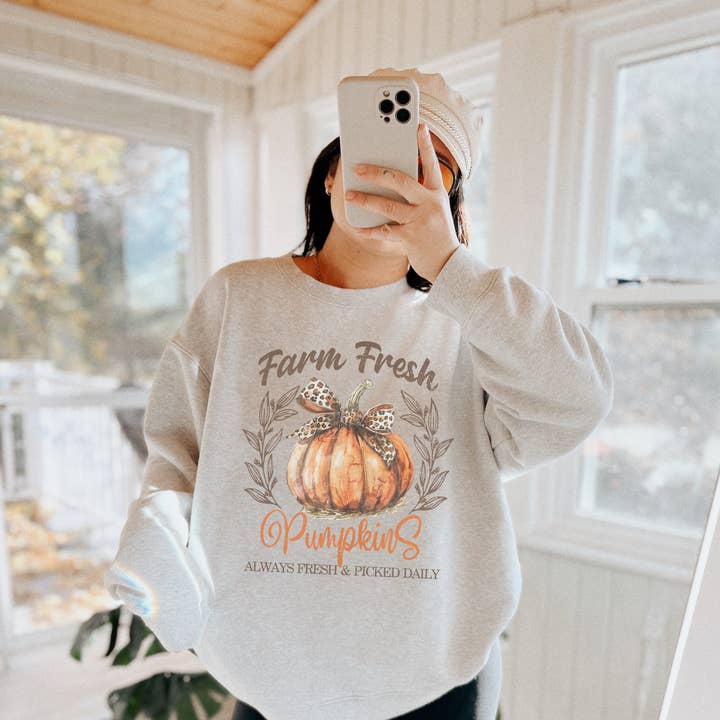 Farm Fresh Pumpkins Fall Crew Neck Sweatshirt for wholesale by Amy Anne Apparel Inc