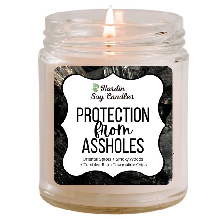 Protection From Assholes Soy Candle w/Black Tourmaline Chips for wholesale by Hardin Soy Candles/Peoria Book Rack