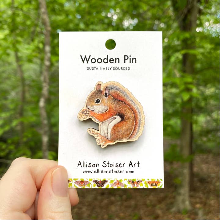 American Red Squirrel Wooden Pin (Sustainably Sourced) for wholesale by Allison Stoiser Art