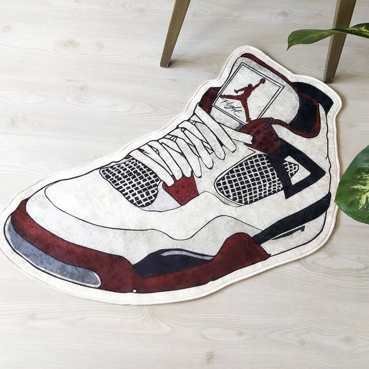 Enico Rugs – Engroshandel Løst tæppe – Rød og hvid Jordan 4 Retro tæppe, sneaker form tæppe