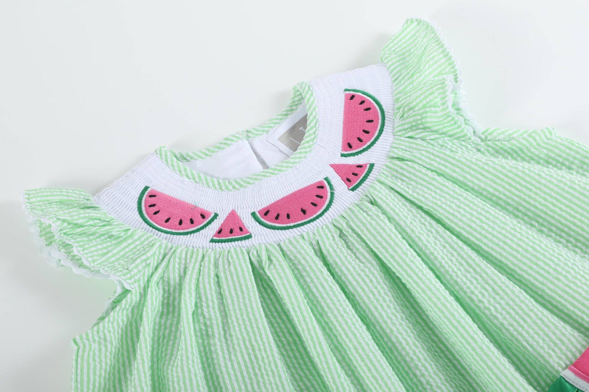 Lil Cactus - Wholesale Dress - Kids - Green Seersucker Watermelon Smocked Bishop Dress4