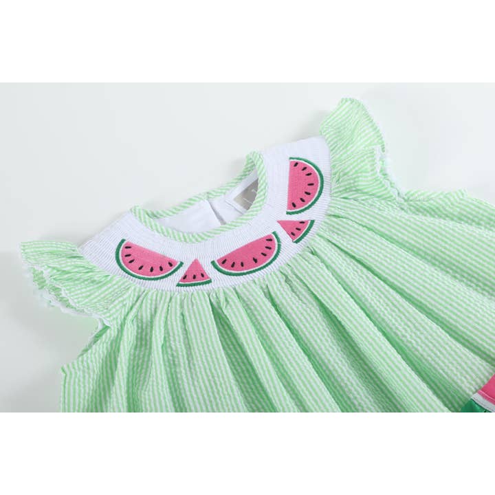 Lil Cactus - Wholesale Dress - Kids - Green Seersucker Watermelon Smocked Bishop Dress4