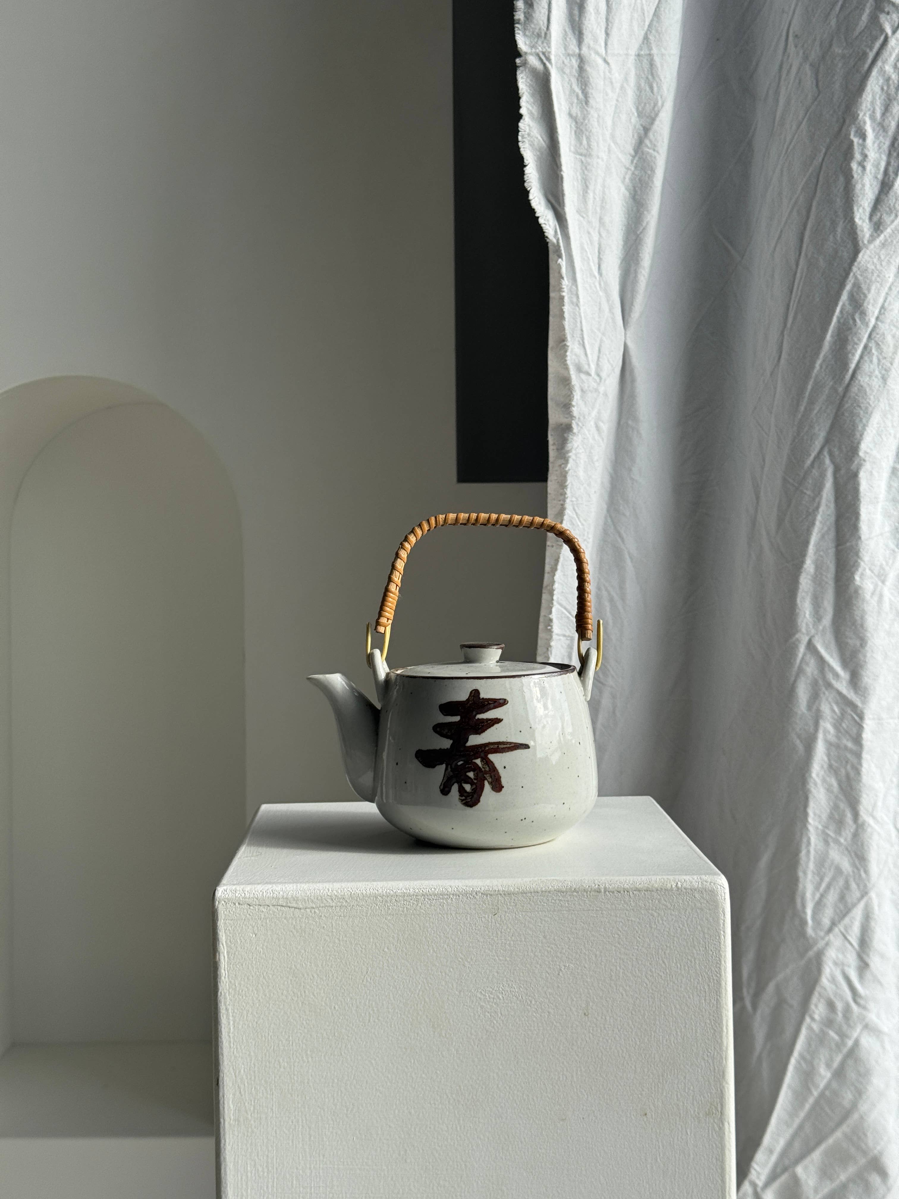 Grey Small Asian stoneware teapot with rattan handle H11 D10 for wholesale on Faire