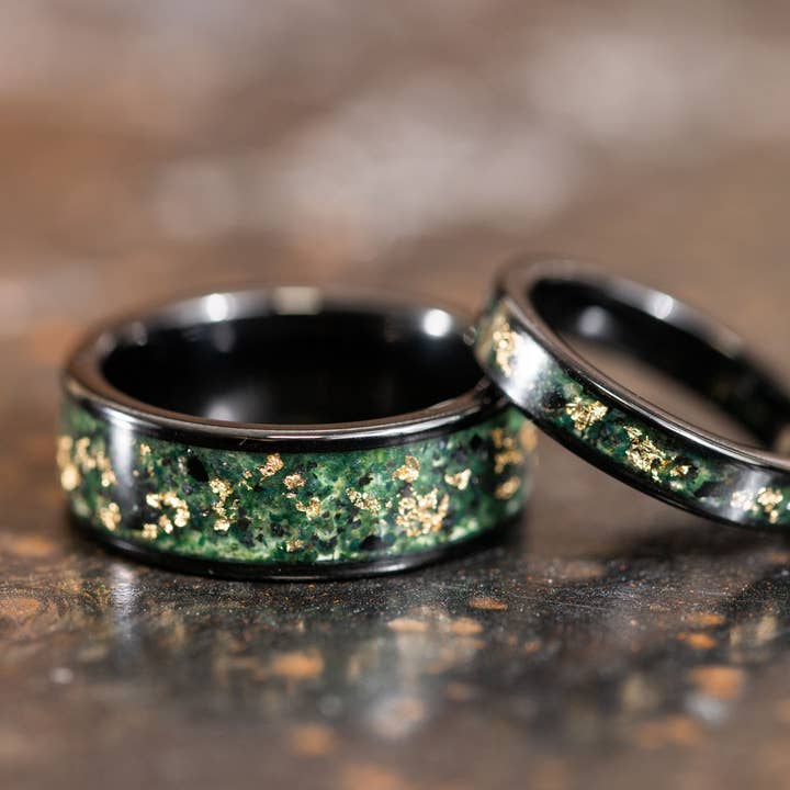 Black Ring with 24k Gold Flake and Moss Agate Stone Inlay for wholesale by AxBands