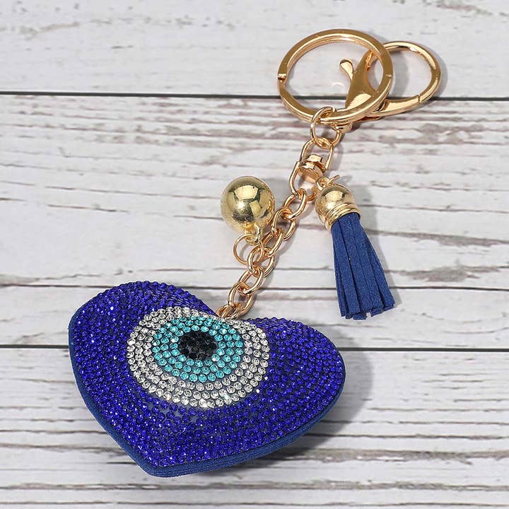 Bling Studded Heart Evil Eye Tassel Keychain / Bag Charm for wholesale by Sensibling Corp.