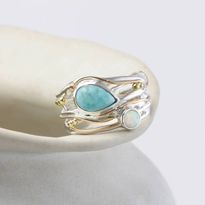 Banyan Jewellery - Wholesale Cocktail/Statement Ring - Handmade Sterling SilverTeardrop Larimar & Fire Opalite Ring3