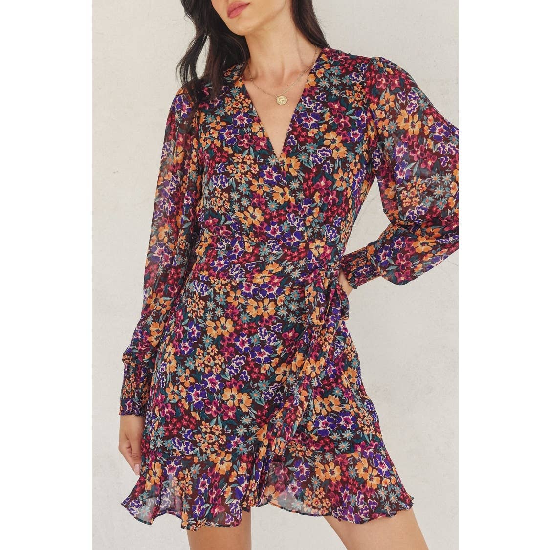 MIDNIGHT FLORAL Tiger Swallowtail Bishop Sleeve Mini Wrap Dress for wholesale on Faire4