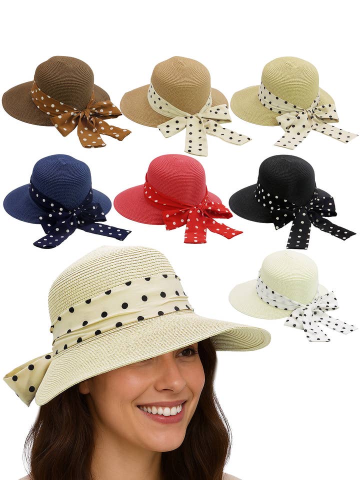 Polka Dot Bow Down Curve Derby Sun Hat for wholesale by Cap Zone