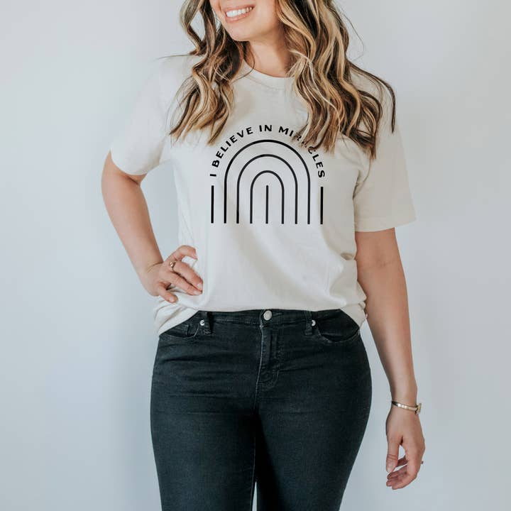 I Believe In Miracles Cream Organic Adult Tee for wholesale by Gladfolk