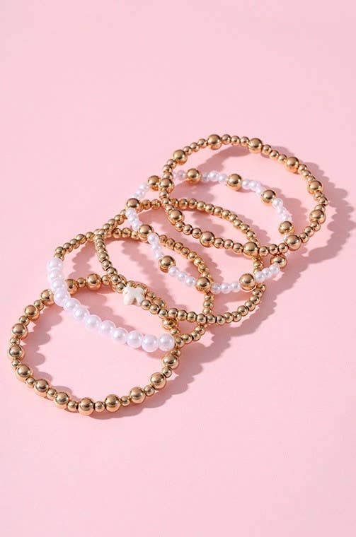 GOLD MULTI BALL PEARL CHAIN STRETCH BRACELET | 40B5128 for wholesale on Faire1