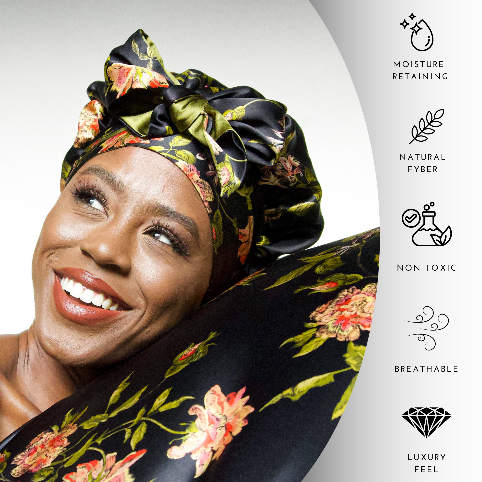 Nochka – wholesale Sleep cap / bonnet – women's – Wild Rose Print Reversible Bonnet with Ties1