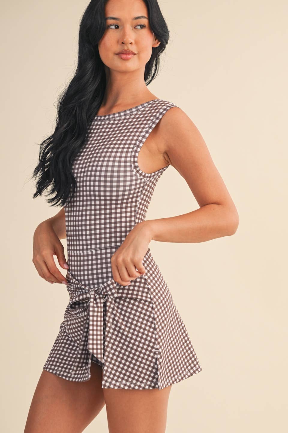 KIMBERLY C - Wholesale Athletic Dress - Women's - Gingham Print Sleeveless Wrap Tie Front Dress 12
