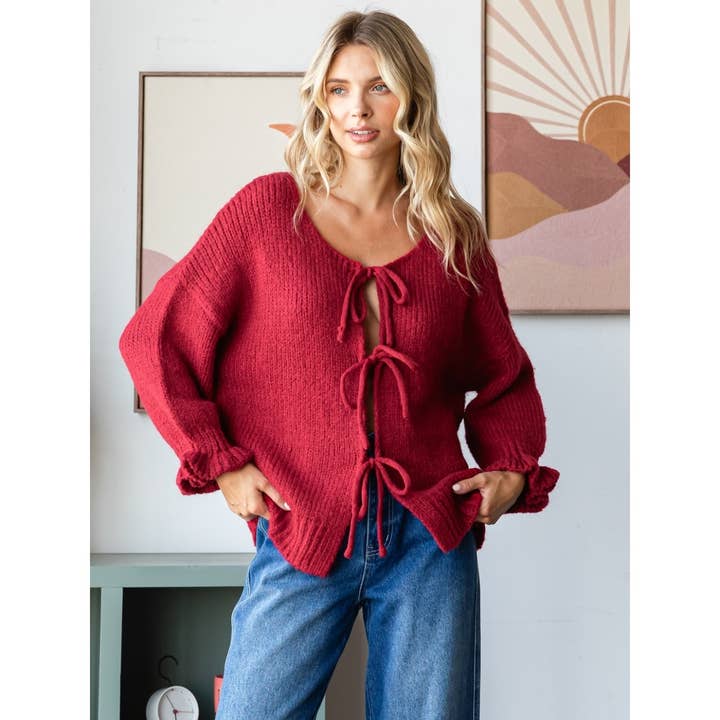 Veveret - Wholesale Cardigan - Women's - Knit Cardigan with Fornt Tie Ribbon 12
