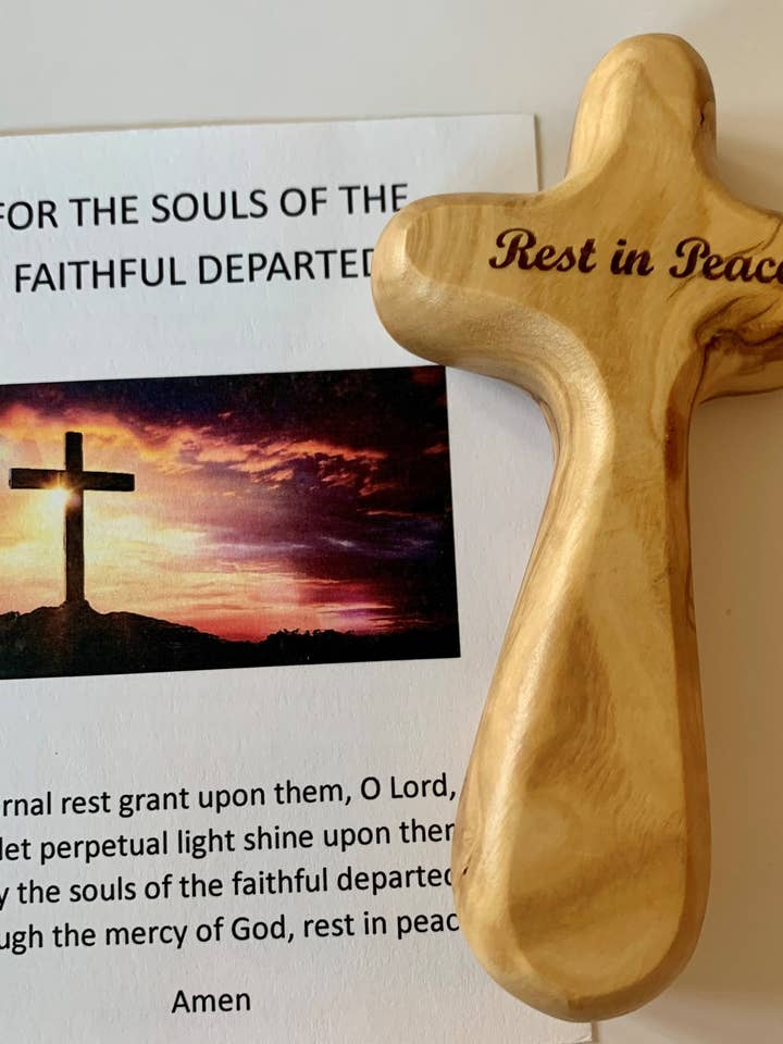 Rest In Peace Cross with Prayer card - Engraved Holding Cross for wholesale by Holy Land Wood and Stone