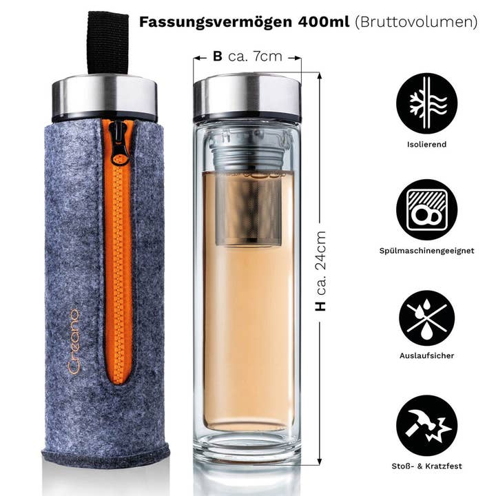 Creano – Coador/infusor de chá por atacado – Máquina de chá de parede dupla incl. saco de feltro (400ml); laranja2