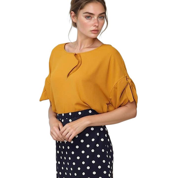 Robin K - Wholesale Blouse - Women's - Pleione Round Neck Self-tie Short Sleeve Top5