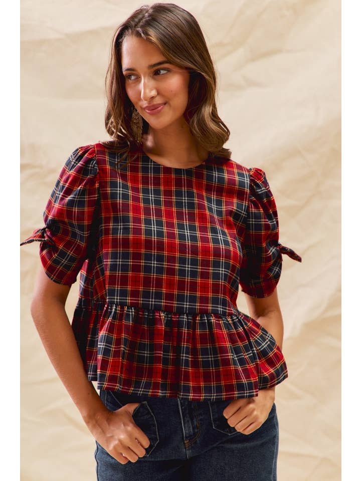 RED Christmas Holiday Plaid Ribbon Short Sleeves Top for wholesale on Faire2