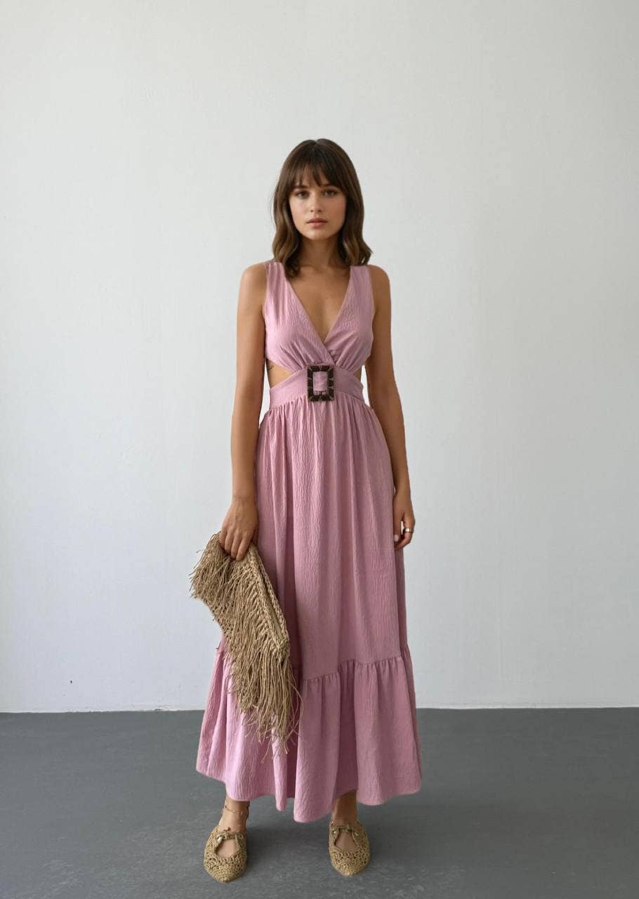 Design company-Fatma Balkir - Wholesale Dress - Women's - Vintage Style Long Pink Dress with Thick Straps