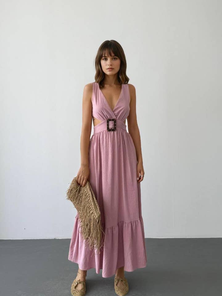 Design company-Fatma Balkir - Wholesale Dress - Women's - Vintage Style Long Pink Dress with Thick Straps 0