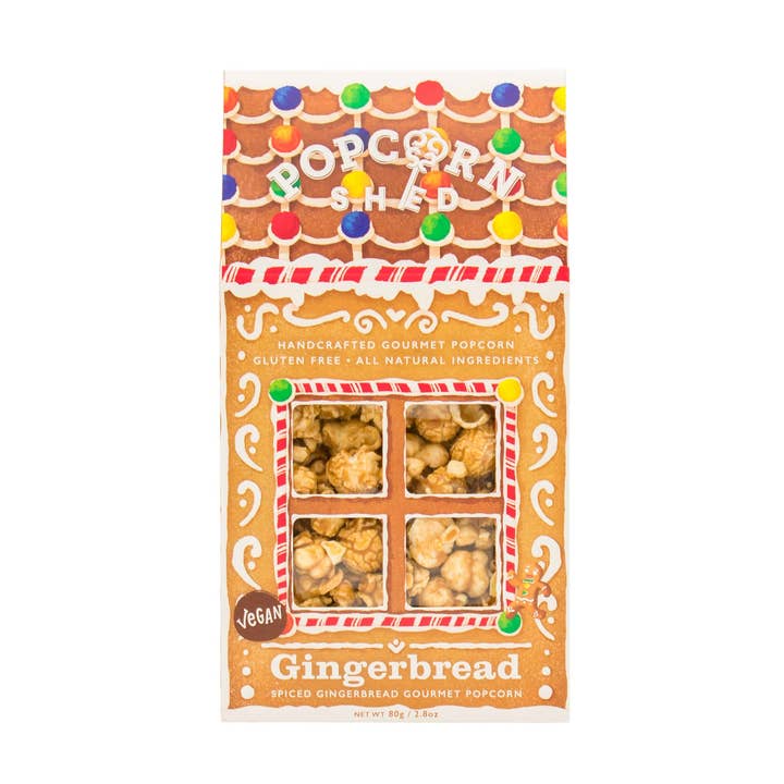 Boîte de collation gourmande en pain d'épice végétalien pour la vente par Popcorn Shed