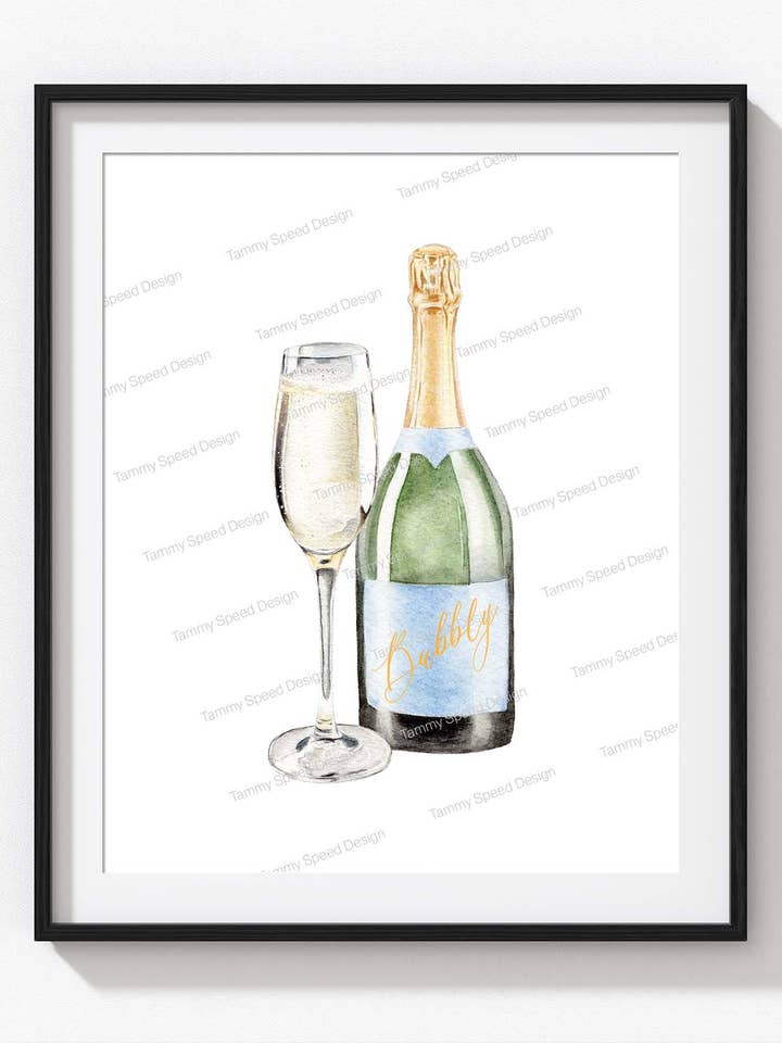 Champagne Art Print, Watercolor Cocktail Print for wholesale by Tammy Speed Design
