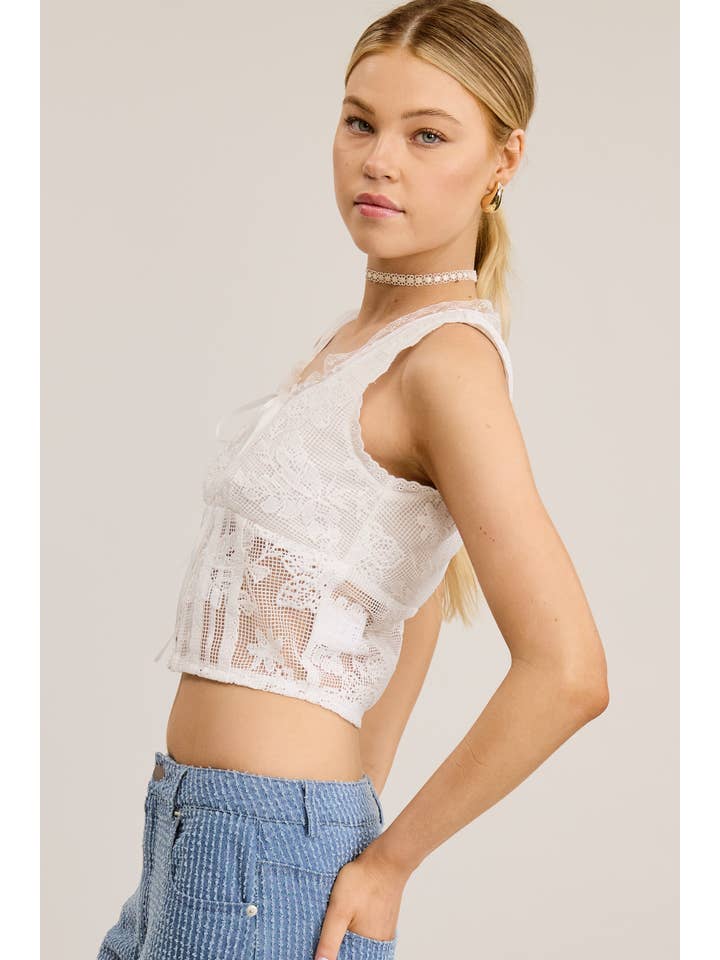 White Romantic Lace Corset Top with Front Ribbon Tie for wholesale on Faire8