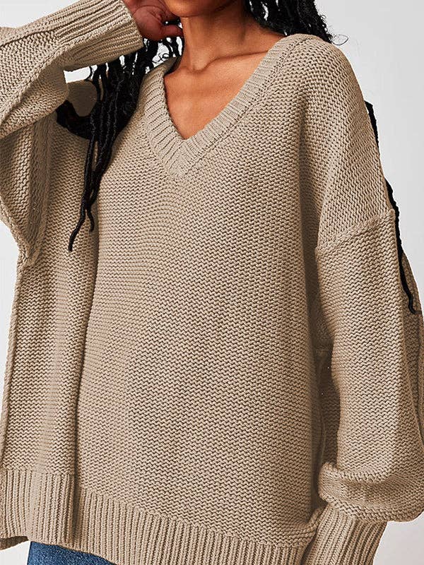 VividLux – wholesale Knitted jumper – Women′s – Long Sleeves Loose Solid Color Velvet V-Neck Pullovers Sweater Tops3