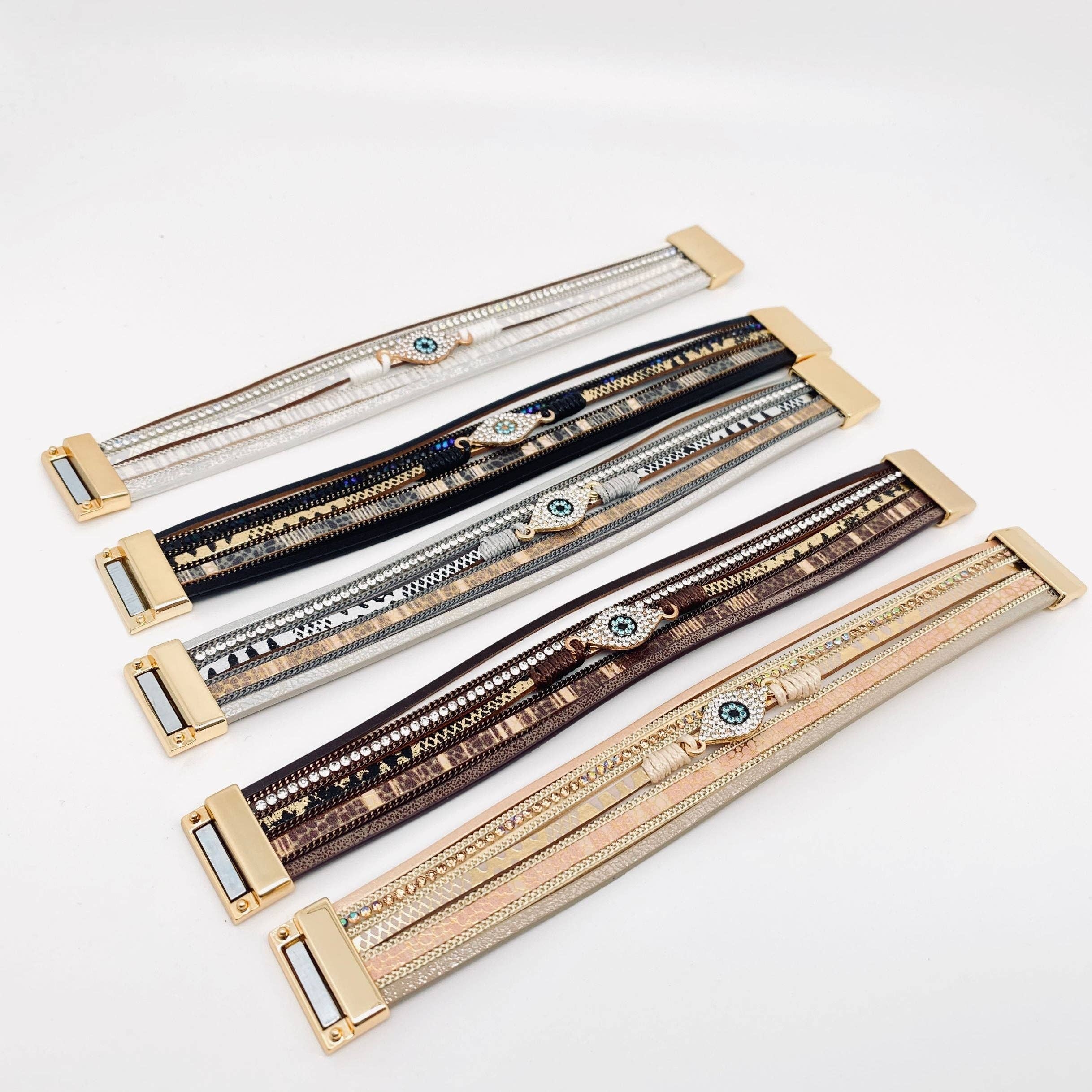 Mio Queena – Pulseira por atacado – Pulseira de couro PU multi-camadas com charme Evil Eye Charm5