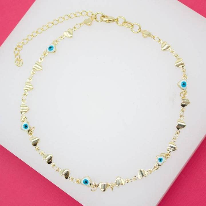 18K Gold Filled Blue Heart Evil Eye Chain Anklet for wholesale by MIA Jewelry