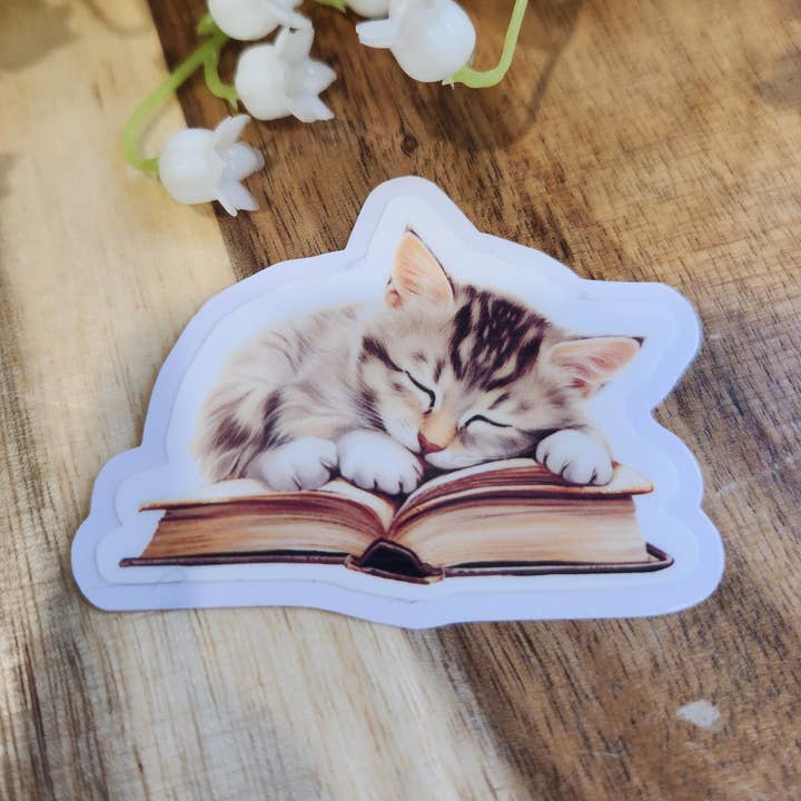 Vinyl Sleeping Cat, Cat Mom Sticker, Book lover Sticker for wholesale by Blu Butterfly Stickers