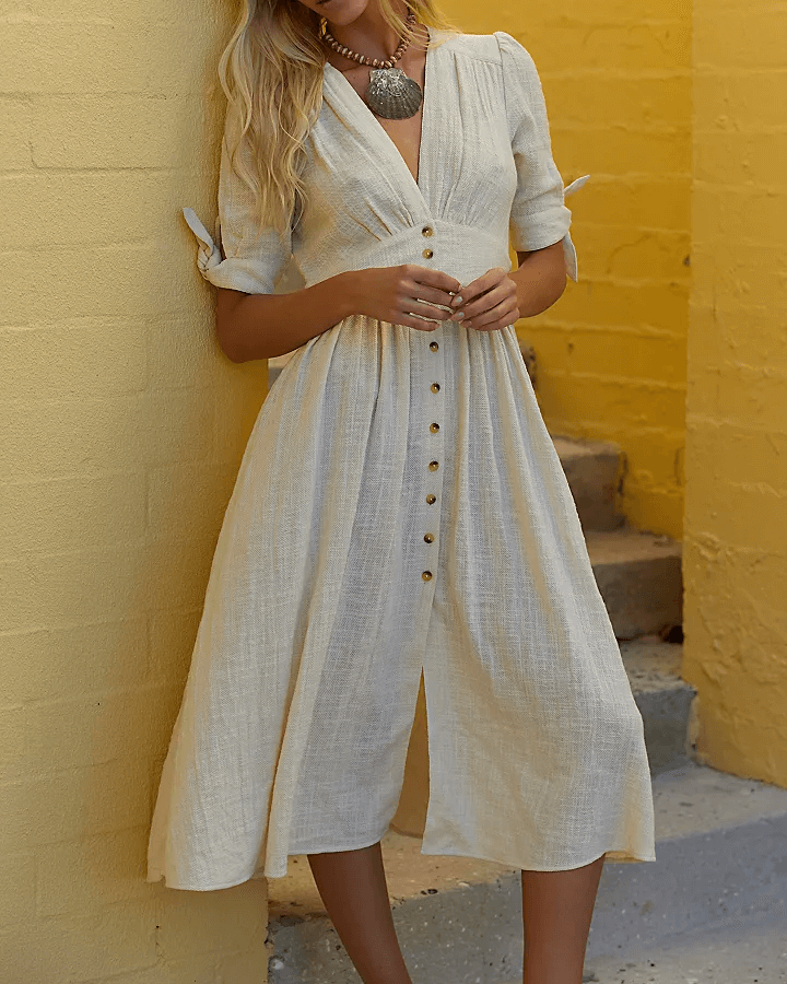 Blanco Vestido midi casual de lino de manga corta con lazo SKD152 de venta al por mayor en Faire8