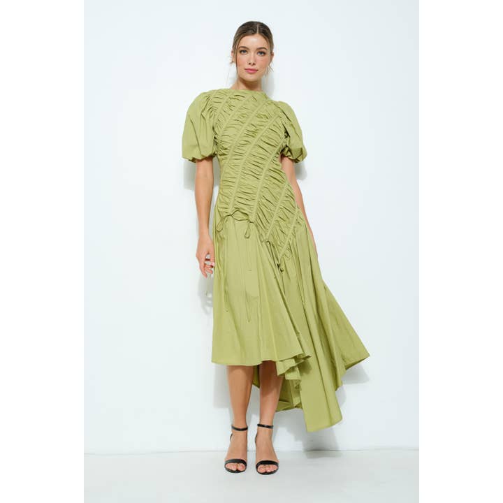 INA - Wholesale Dress - Women's - Cotton Short Puff Sleeve Drawstring Midi Dress