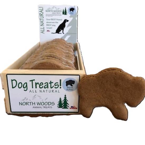 Display Crate of 24 cookies - Bacon Buffalo for wholesale by North Woods Animal Treats and Gifts